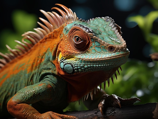 Close up view chameleon perched in cocao plant