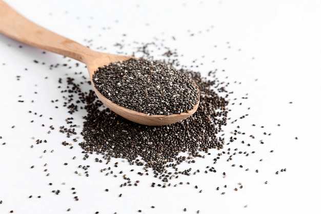 Photo close-up view of chia seeds concept