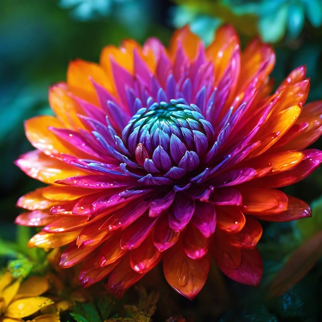 Foto vista ravvicinata di un grappolo di dahlie in fiore di colore viola, arancione e crema