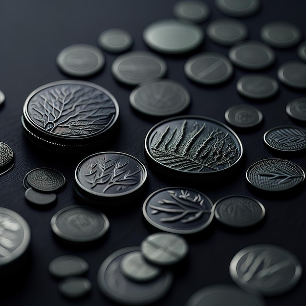 close up view of coins on grey background