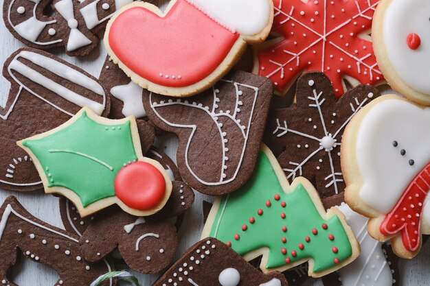 Close up view of colorful christmas cookies