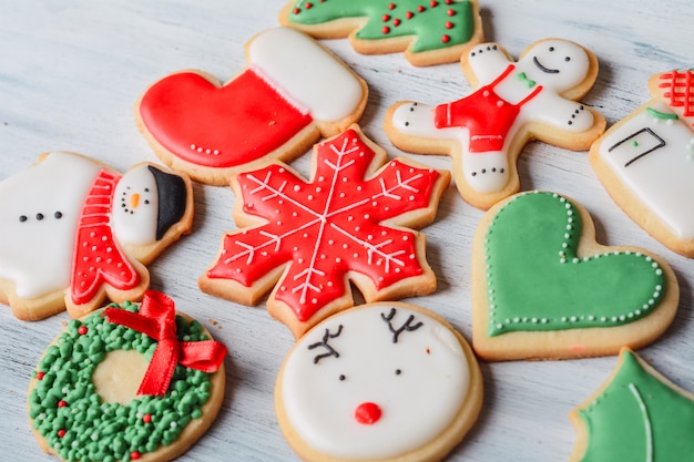 Close up view of colorful christmas cookies