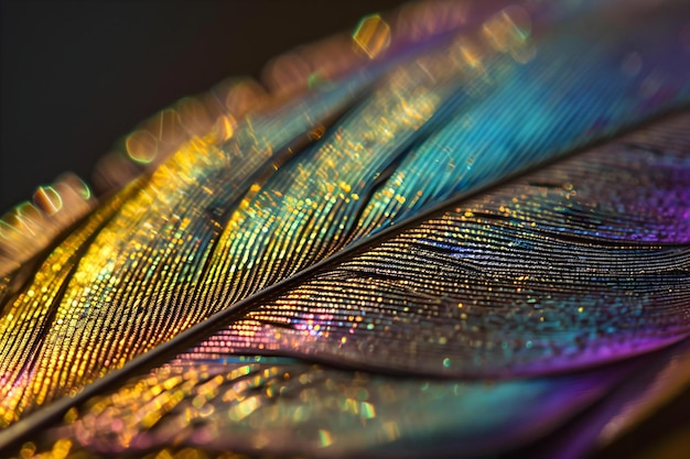 a close up view of a colorful feather