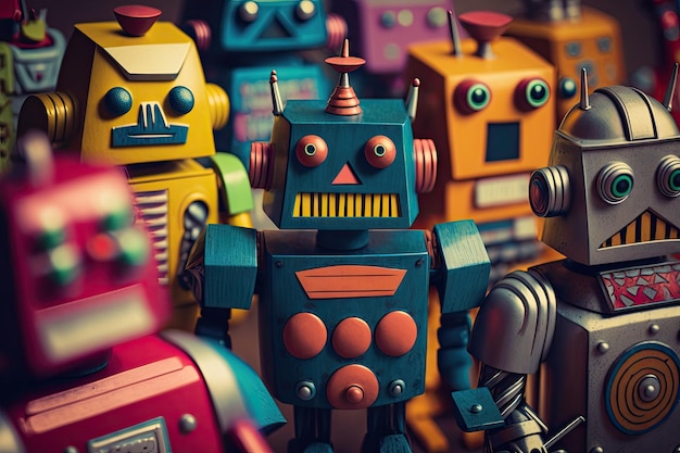 Close up view of colorful mixed vintage tin robot toys collection