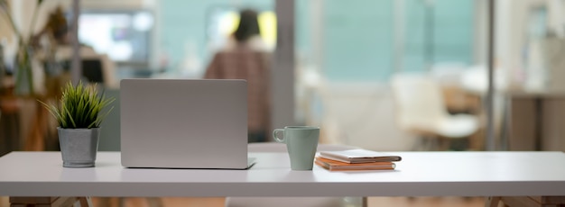 Close up view of comfortable office desk with laptop, mug, tree pot, notebooks and copy space on white table