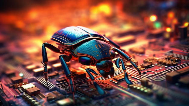 Photo close up view to computer bug perched on microchip symbolizing threat of software bugs