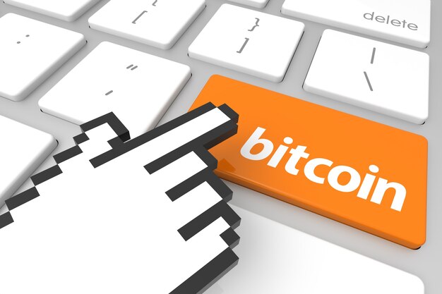 Close up view on conceptual bitcoin computer key with hand cursor. 3D rendering