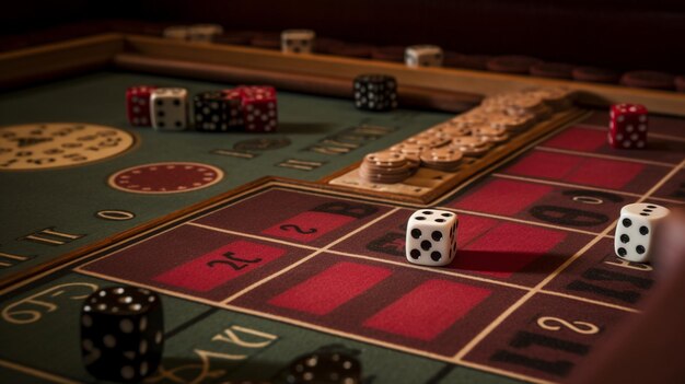 Close up view of a craps table with dices and fiches