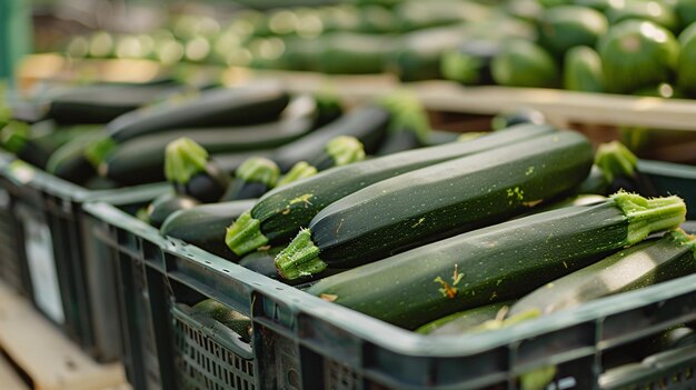 Близкий взгляд на ящик, полный свеже собранных zucchini в теплице