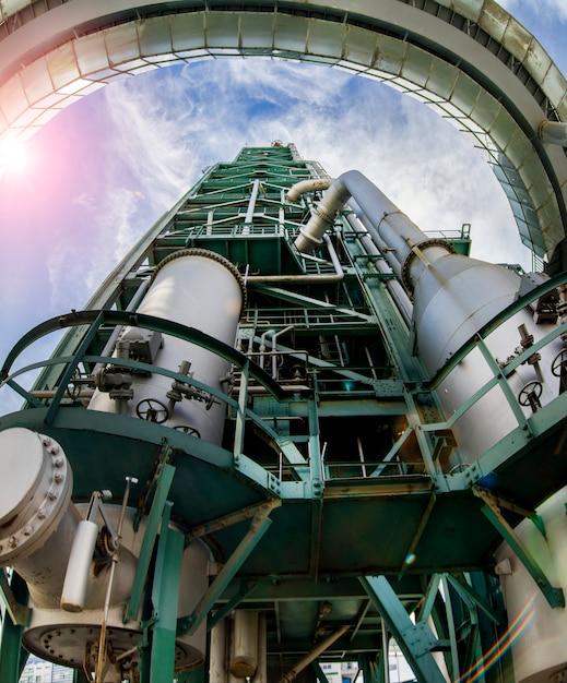 Close up view of a deactivated refinery complex, distillation tower located in Lisbon, Portugal.