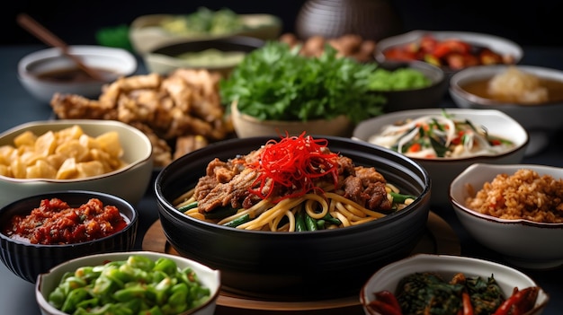 Foto vista ravvicinata del delizioso cibo asiatico ai generativa ai generata