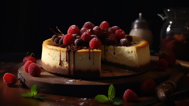 close up view of delicious cheesecake with fresh fruits Generative AI