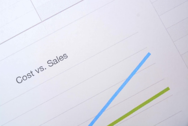 Close up view of a document showing data cost and sales