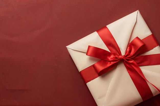 Close up view of empty envelope and present with ribbon isolated on red background