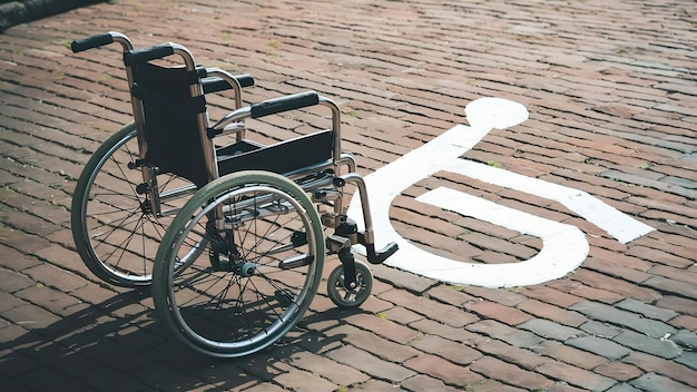 Близкий вид пустой инвалидной коляски с символом инвалидности на тротуаре
