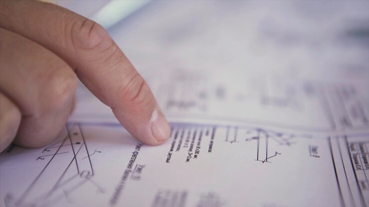 Photo close up view on engineer hand pointing at technical drawings men hands indicating some details in
