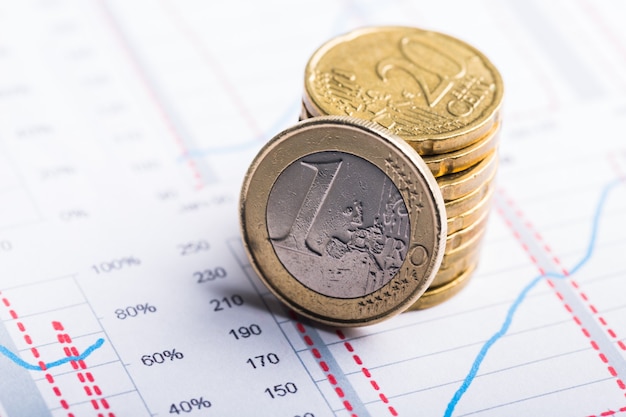 Close-up view of euro coins on financial graph