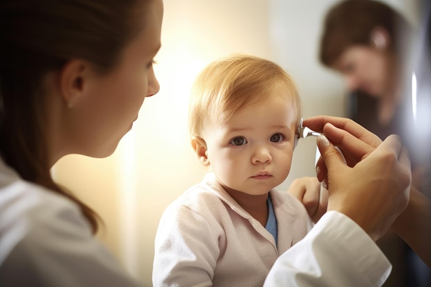 A close up view of a female doctor carefully examining a baby in a clinic Generative AI