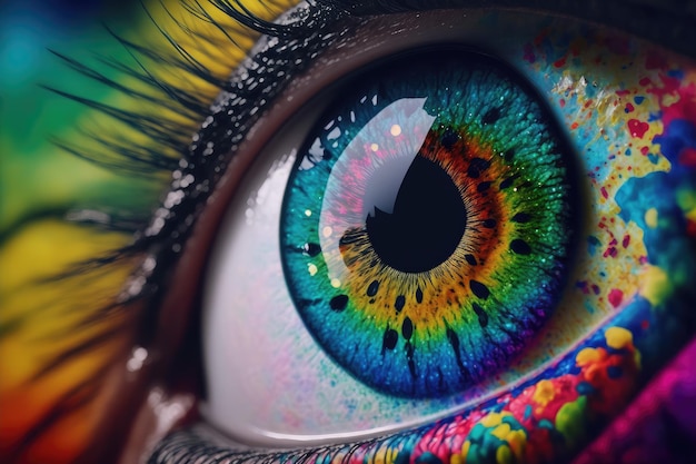 Close up view of female eye with multicolored eyeball and colorful makeup powder