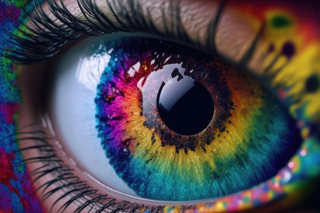 Close up view of female eye with multicolored eyeball and colorful makeup powder