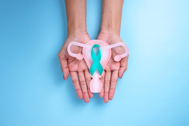 Close up View of Female Hands Holding Teal Ribbon and Uterus Cutout Ovarian cancer and Gynecologic