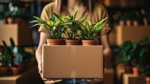 Крупный план женщины, держащей картонную коробку с растениями, переезжающей в новый дом