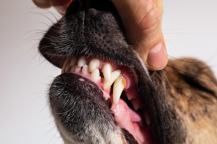 雑種犬の歯を見ている作物の人のクローズアップビュー