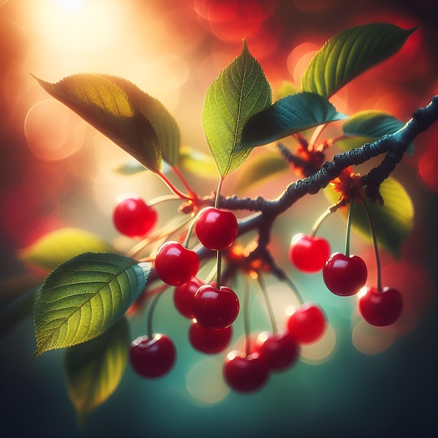 Close up view fresh cherry on tree in garden sun light