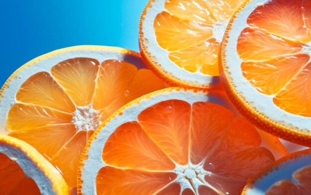 Close up view of fresh slices of oranges with water droplets over blue background Studio shot