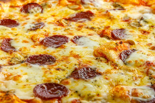 Close up view of fresh and very tasty pizza