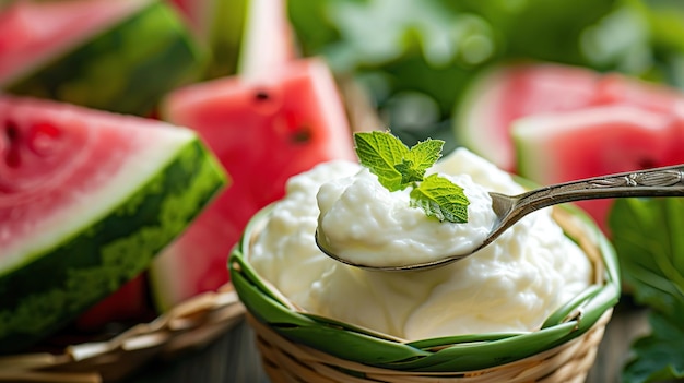 close up view of fresh yogurt with watermelon and bamboo banner