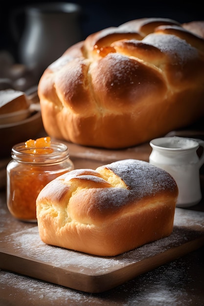 A close up view of freshly baked brioche bread with golden brown crust and soft fluffy