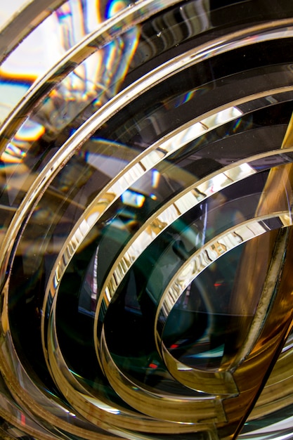 Close up view of the fresnel lens inside a lighthouse. 