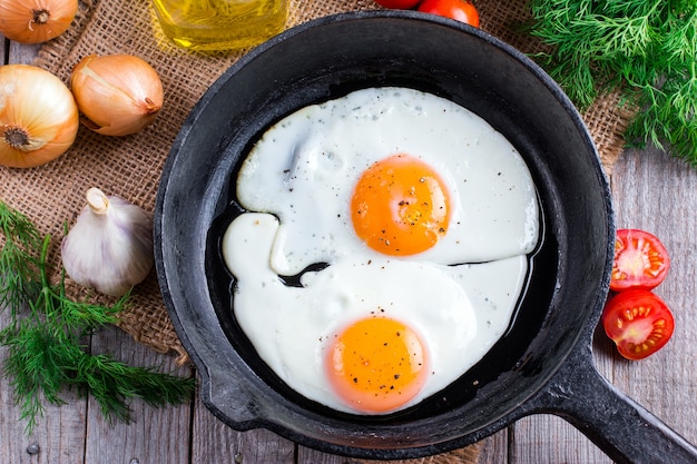 Close up view of the fried egg on a frying pan