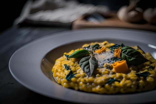 A close-up view from above of a delicious and creamy Risotto alla Milanese. Italian cuisine