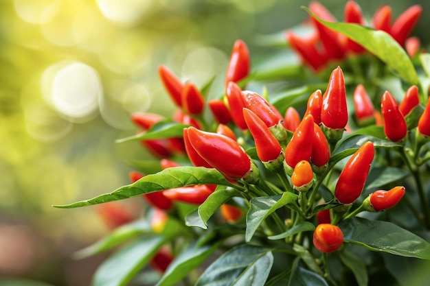 Close up view fruit and leaves of chili pepper or capsicum frutescens plant in the field