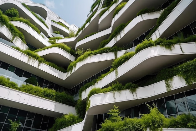 Close up view a futuristic building sustainable design with vertical garden Generative AI AIG18