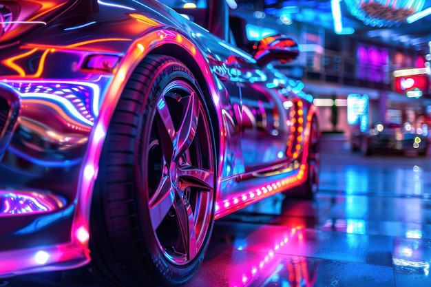 Photo close up view of a generic and unbranded sport car illuminated by colorful light