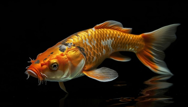 Close up view of golden koi fishes in clear water with dark background AI generative