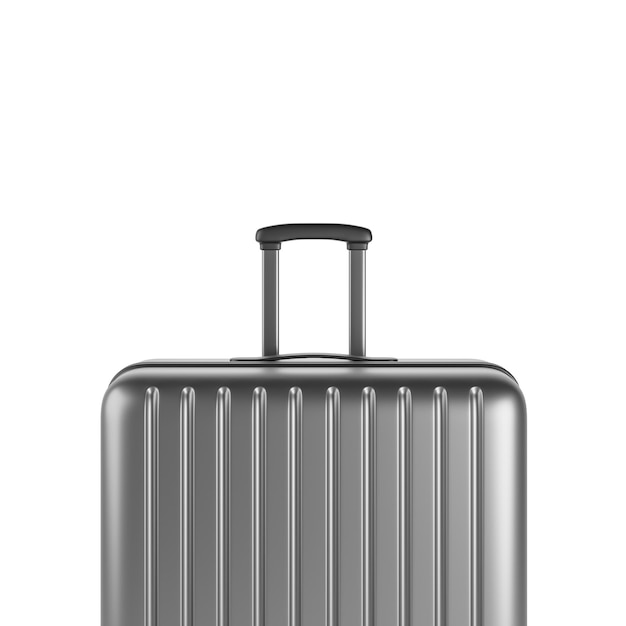 Photo close up view at gray aluminium suitcase isolated over white background