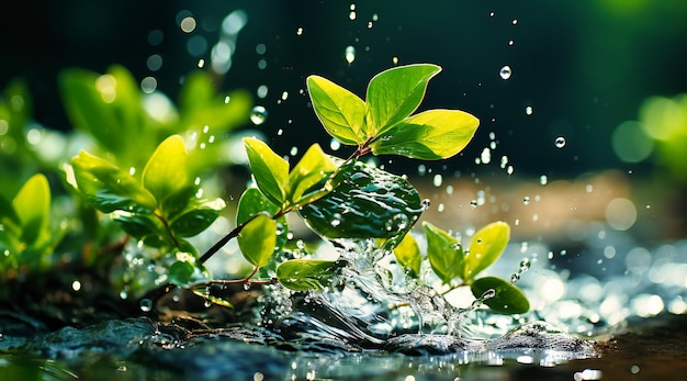 A close up view of green leaves and water