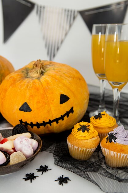 Photo close-up view of halloween pumpkin