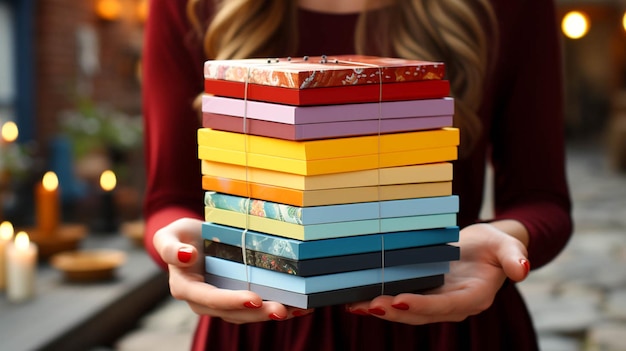 Close up view of hands holding colord cover books stack and a white bricks in background