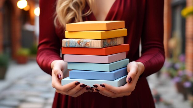 Close up view of hands holding colord cover books stack and a white bricks in background