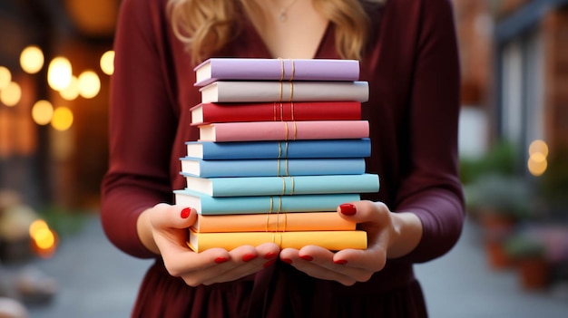 Photo close up view of hands holding colord cover books stack and a white bricks in background