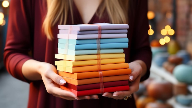 Close up view of hands holding colord cover books stack and a white bricks in background