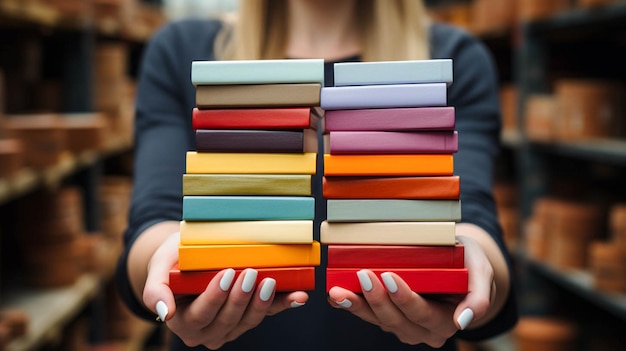 Photo close up view of hands holding colord cover books stack and a white bricks in background