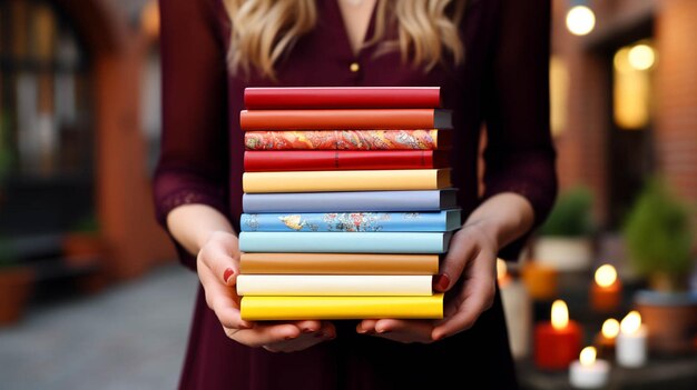 Photo close up view of hands holding colord cover books stack and a white bricks in background