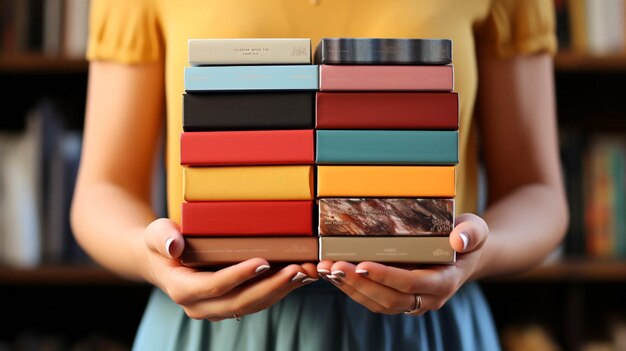 Photo close up view of hands holding colord cover books stack and a white bricks in background