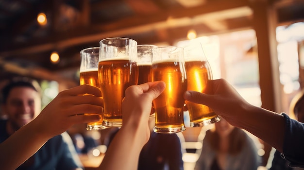 Close up view of hands of men that are doing cheers with glasses of beer